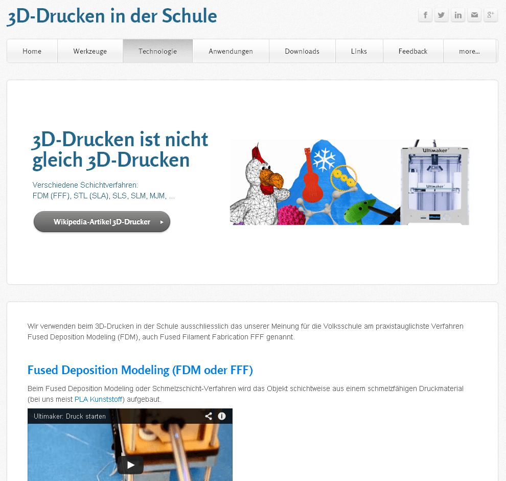 Screenshot der Kurswebseite 3D-Drucken in der Schule