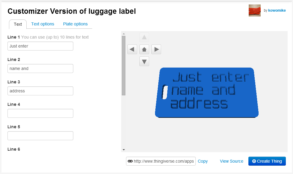 Screenshot des Thingiverse Customizer beim Anpassen eines luggage labels mit eigenem Namen und Adresse