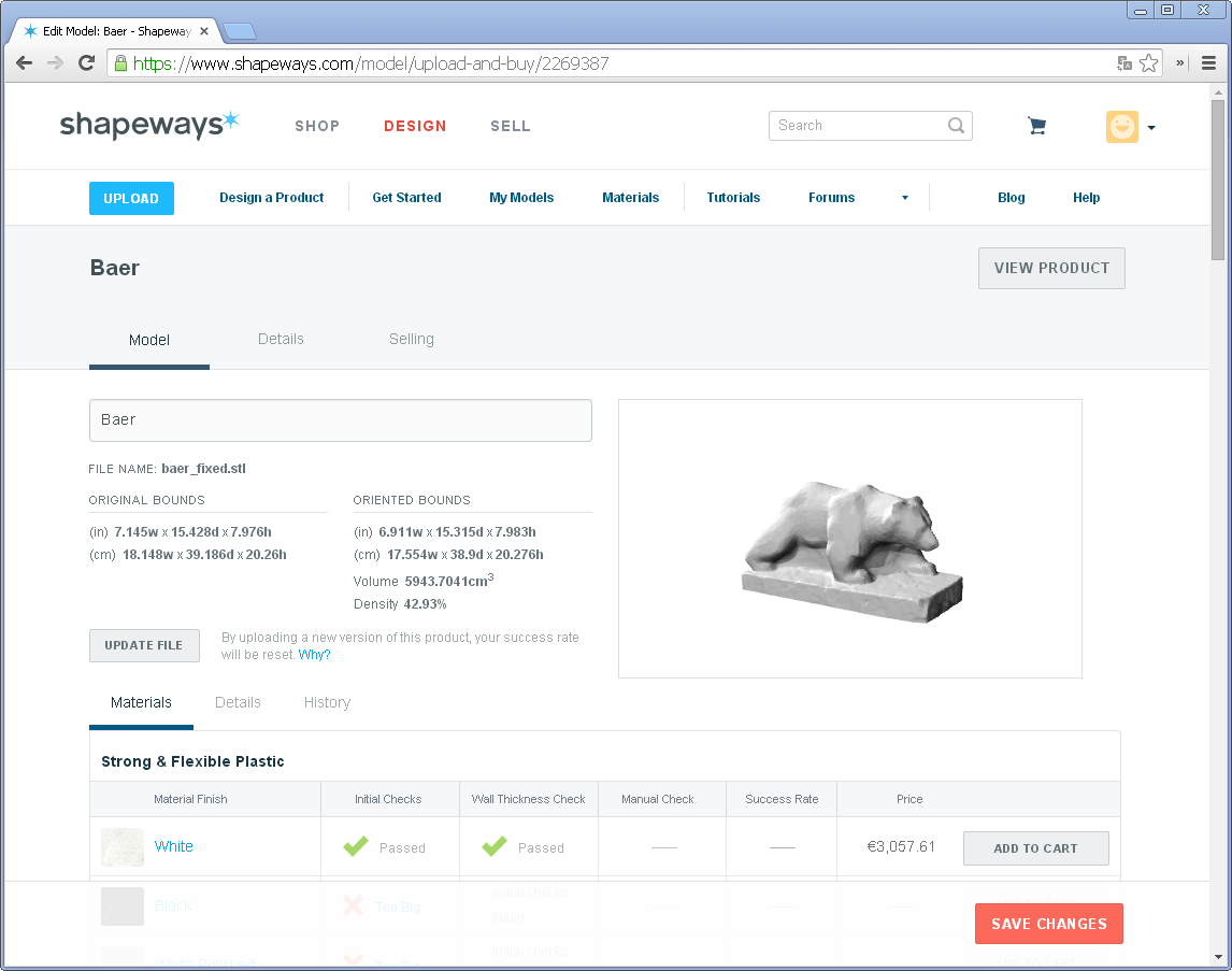 Screenshot von der Kostenschätzung des Bären bei Shapeways