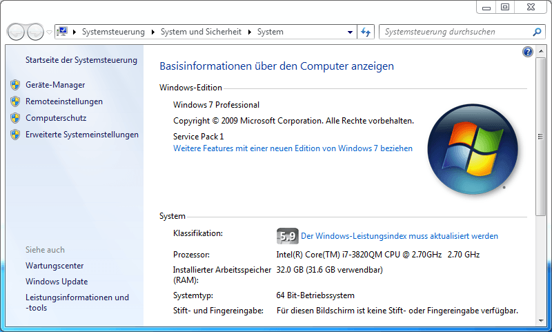 Screenshot von den Computerinformationen des Notebooks wo 32GB RAM als erkannt angezeigt werden