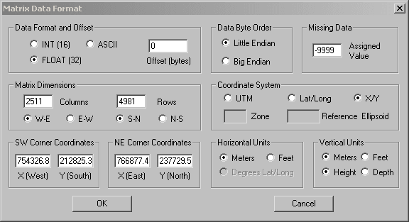 Screenshot von der Eingabemaske der Parameter für den Import im Matrix Data Format in 3DEM