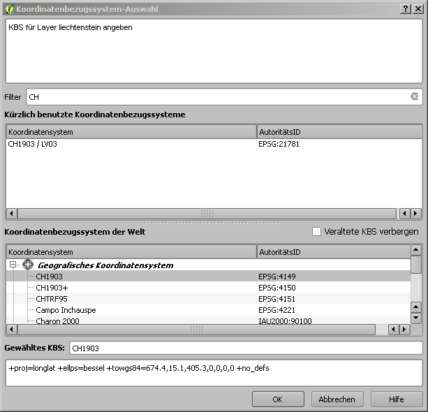 Screenshot der Koordinatenbezugssystem-Auswahl in QGIS