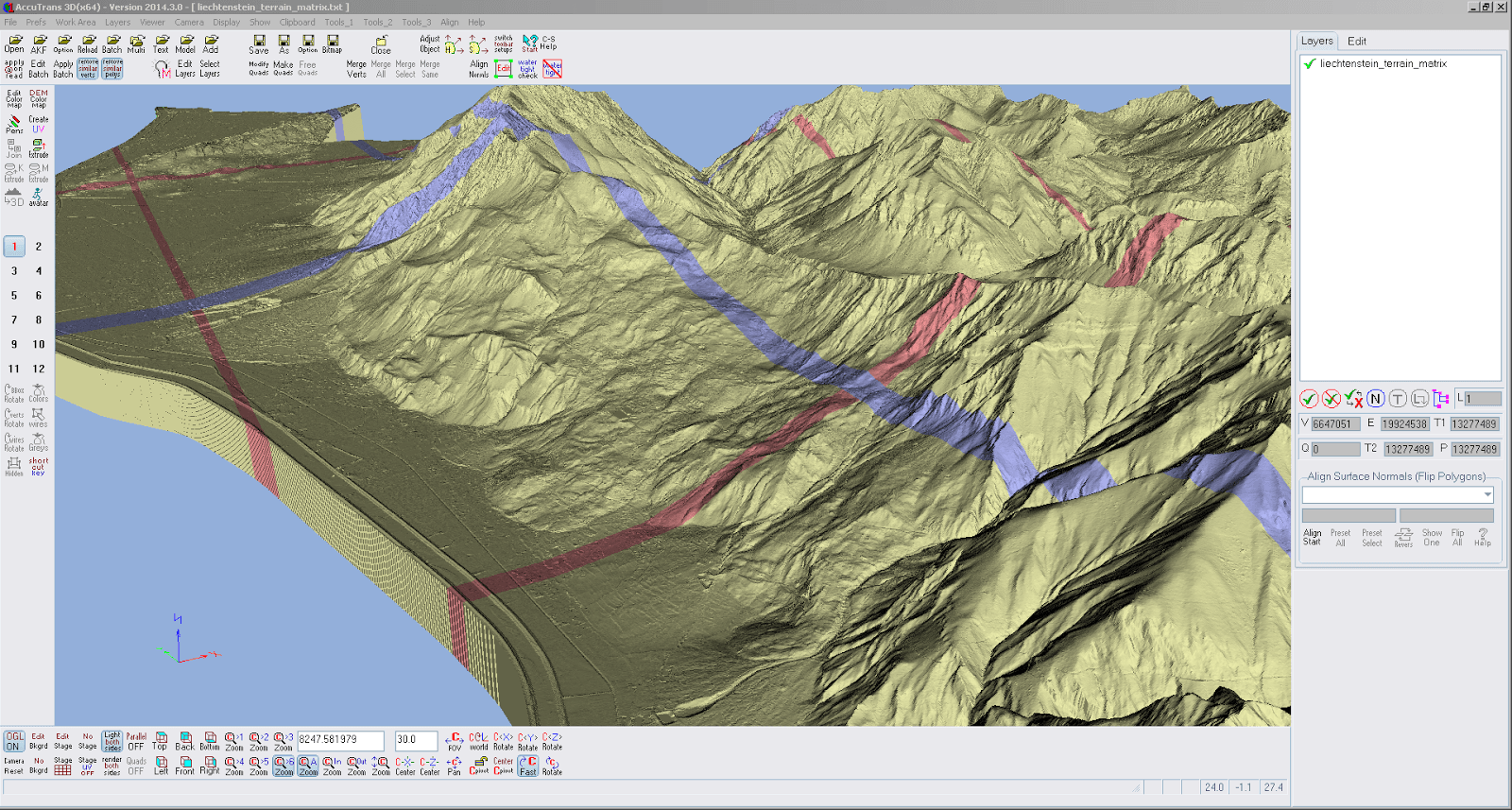 Screenshot eines vergrösserten Ausschnitts der swissALTI3D Daten von Liechtenstein aus AccuTrans 3D