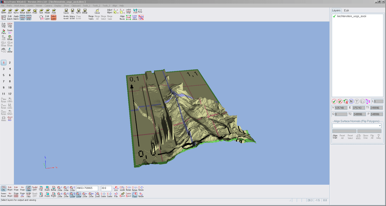 Screenshot der importierten DEM Daten in AccuTrans 3D, etwas stimmt mit der Darstellung nicht