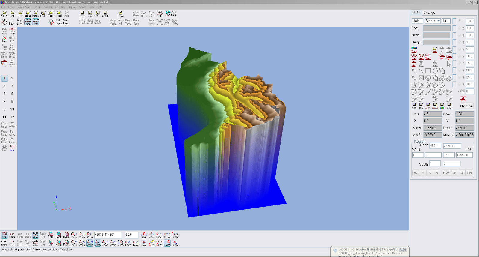 Screenshot der via ASCII File to DEM importierten Höhendaten von Liechtenstein aus AccuTrans 3D