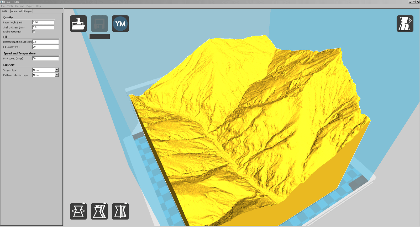 Screenshot eines Teilstücks von Liechtenstein mit viel sichtbarer Erosion in Cura