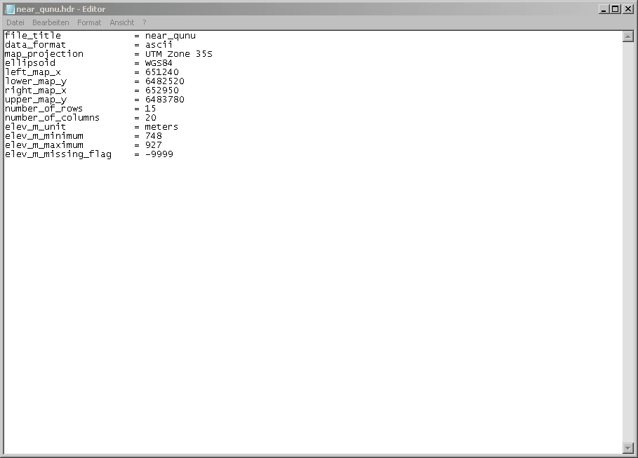 Screenshot des Inhalts der HDR-Datei (Header) für die Terrain Matrix