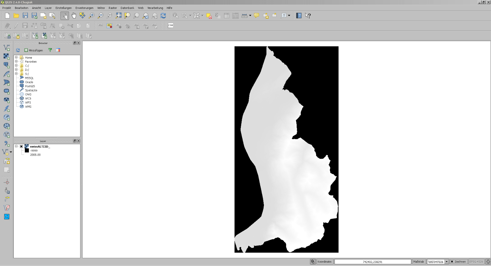 Screenshot aus QGIS mit importierten swissALTI3D Daten von Liechtenstein