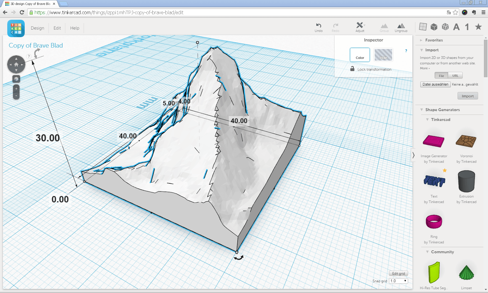 Screenshot aus Tinkercad mit dem importierten Modell des Matterhorns